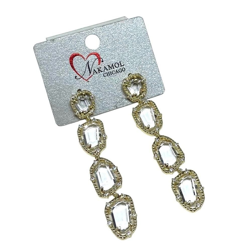 Nakamol Clear Crystal Dangle Drop Formal Long Earrings Pierced Style Gold Tone